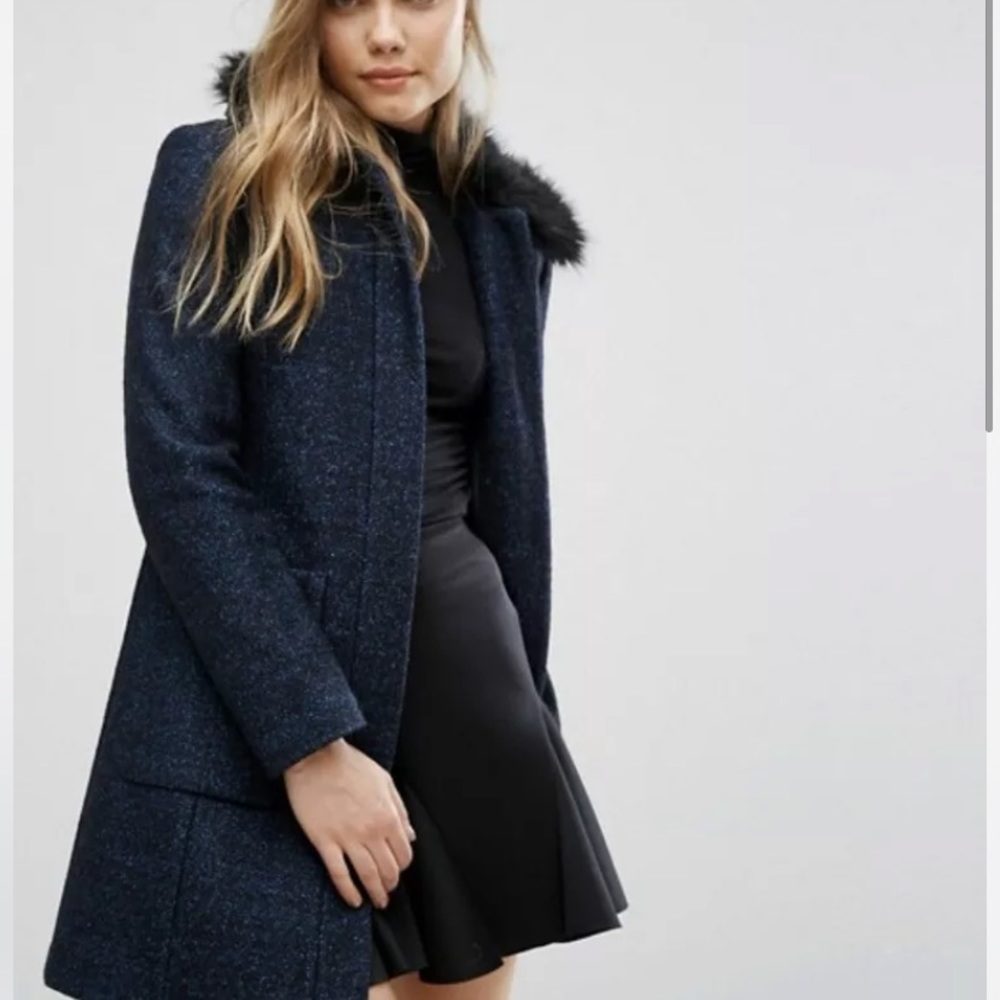ASOS warehouse Seing Faux Fur Collar Blue/black Coat Size 2